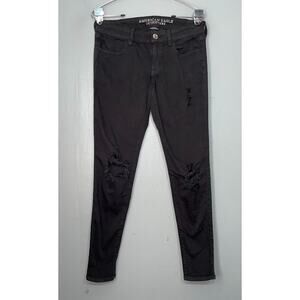 American Eagle Size 4 Black Stretch Distressed Denim Jeans Jegging Skinny Emo